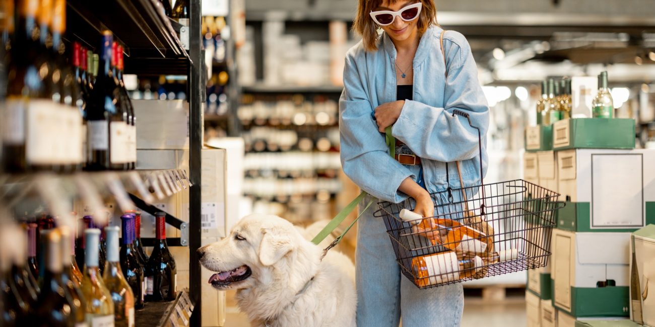 Woman visiting wine shop with her dog
